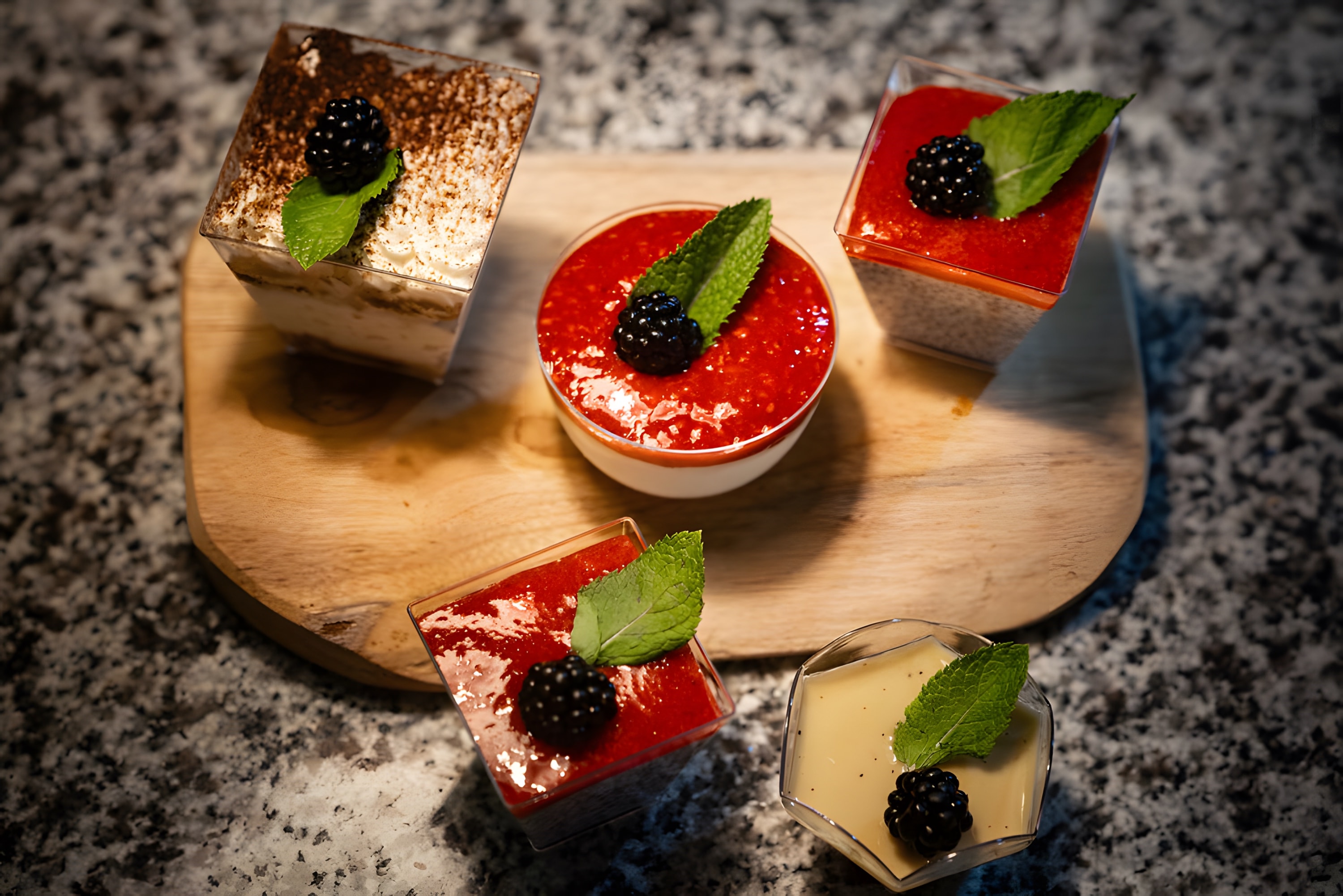 Small desserts with strawberry glaze and blackberries on a wooden board