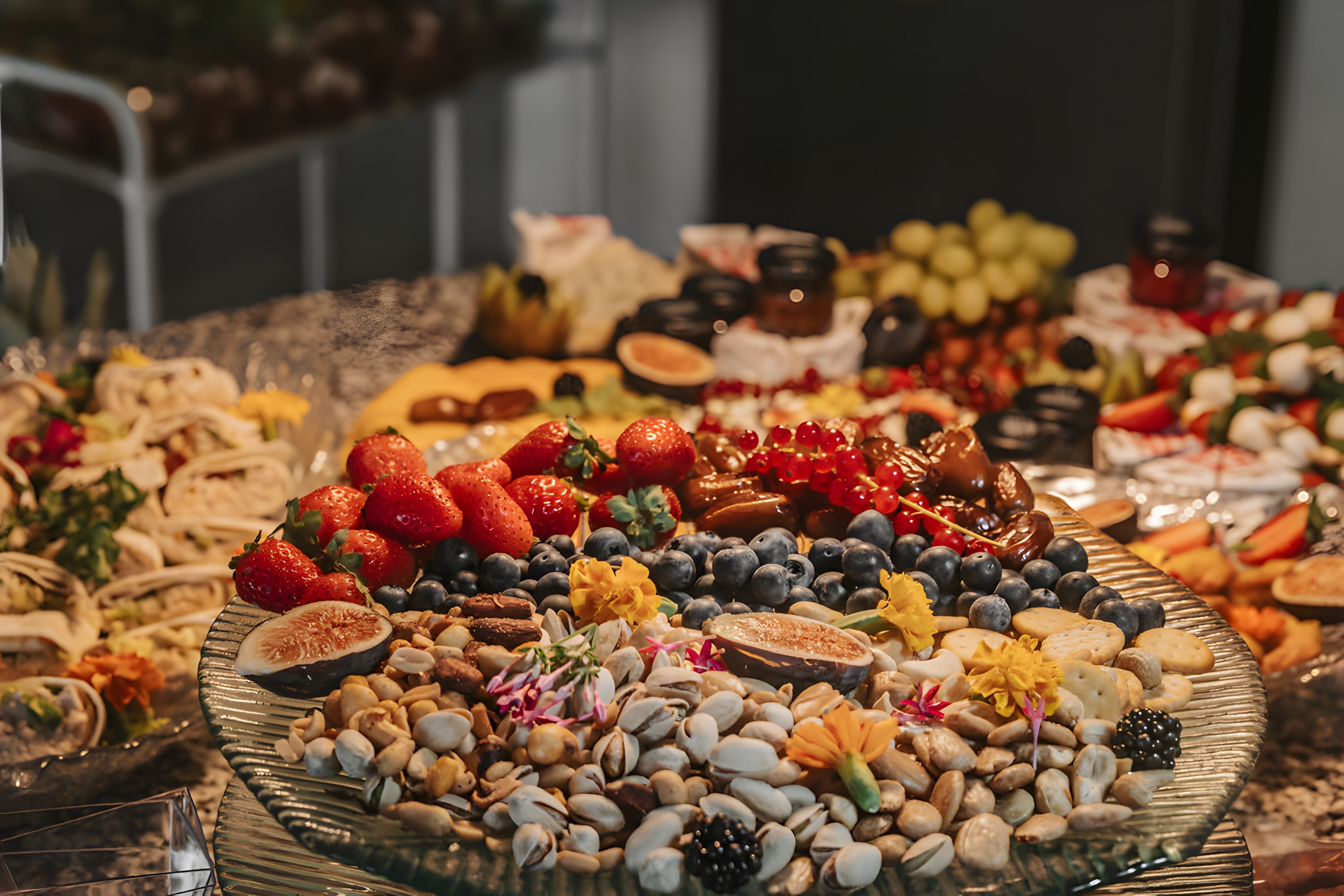 A large grazing board of fruit and cheese at an evening gathering