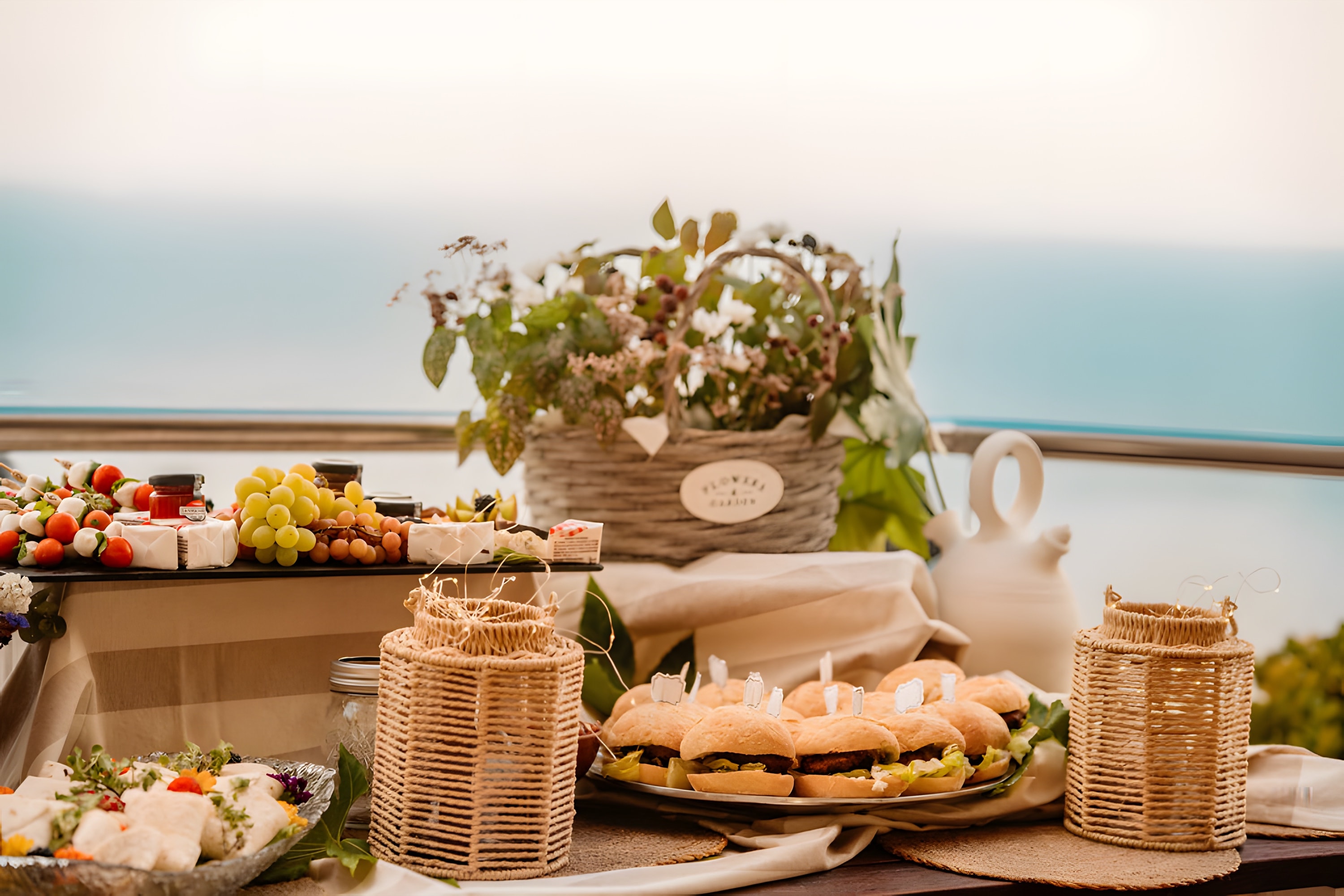 Rattan lanterns, sliders and a flower basket on an evening terrace table