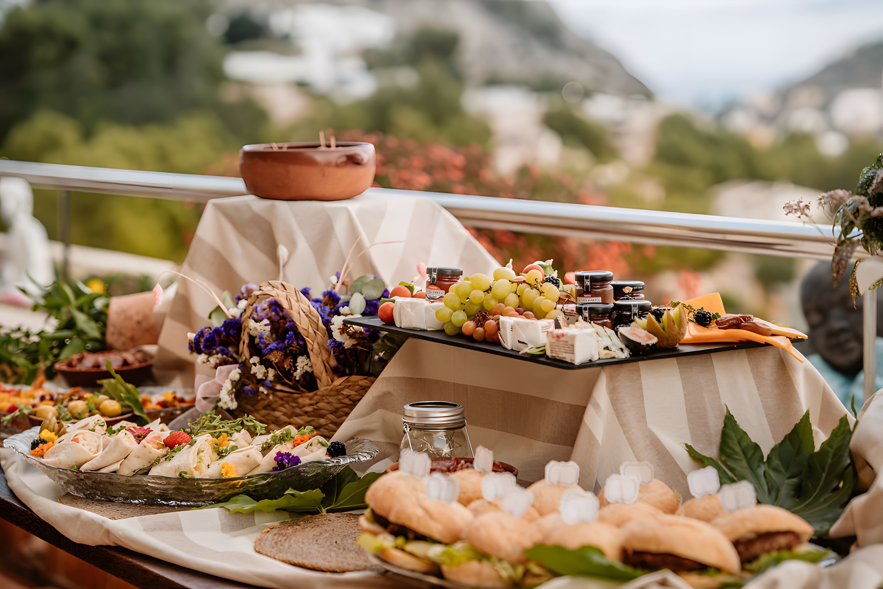 An evening grazing table with flowers, breads and platters on a terrace
